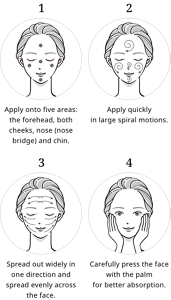 1, Dot onto five areas:  forehead, both cheeks, nose (bridge), and chin.2, Apply quickly  in large spiral motions.3, Spread out widely in one direction and spread evenly across the face.4, Carefully press the face  with the palm for better absorption.