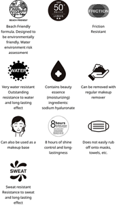 Beach Friendly formula. Designed to be environmentally friendly. Water environment risk assessment.SPF 50+.PA++++.Friction Resistant.Very water resistant Outstanding resistance to water and long-lasting effect.Contains beauty essence (moisturizing) ingredients: sodium hyaluronate.Can be removed with regular makeup remover.Can also be used as a makeup base.8 hours of shine control and long-lastingness.Does not easily rub off onto masks, towels, etc.Sweat resistant Resistance to sweat and long-lasting effect