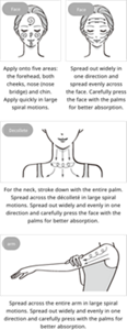 Face: Dot onto five areas: forehead, both cheeks, nose (bridge), and chin. Apply quickly in large spiral motions.Face: Spread out widely in one direction and spread evenly across the face. Carefully press the face with the palms for better absorption.decollete: For the neck, stroke down with the entire palm. Spread across the décolleté in large spiral motions. Spread out widely and evenly in one direction and carefully press the face with the palms for better absorption.arm: Spread across the entire arm in large spiral motions. Spread out widely and evenly in one direction and carefully press with the palms for better absorption.