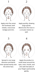1, Apply sunscreen to the forehead, both cheeks, nose (bridge of nose) and chin.2, Apply quickly, drawing large spirals.Blend onto the nose in a circular motion as well.3, Spread in one large direction and blend, then spread evenly over the entire face.4, Apply the product to small areas around the eyes, nose, mouth, and chin with the balls of your fingers particularly gently.