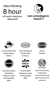 data indicating 8 hour of luster retention obtained*.non-comedogenic tested*1.※1 Completed testing to confirm that the product is designed to prevent comedos (which cause pimples) (non-comedogenic testing)*2.※2 Does not constitute a guarantee that all users will be free from comedos (which cause pimples).Can be removed with regular makeup remover.Does not easily rub off onto masks, towels, etc.Friction Resistant.Very water resistant Outstanding resistance to water and long-lasting effect.Sweat resistant Resistance to sweat and long-lasting effect.Beach Friendly formula. Designed to be environmentally friendly. Water environment risk assessment