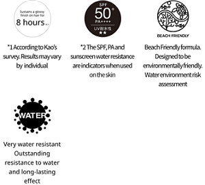 Beach Friendly formula. Designed to be environmentally friendly. Water environment risk assessment.SPF 50+.PA++++.Friction Resistant.Very water resistant Outstanding resistance to water and long-lasting effect.Contains beauty essence (moisturizing) ingredients: sodium hyaluronate.Can be removed with regular makeup remover.Can also be used as a makeup base.Holds makeup in place for eight hours*.Does not easily rub off onto masks, towels, etc.Formulated to prevent breakouts*1.Sweat resistant Resistance to sweat and long-lasting effect