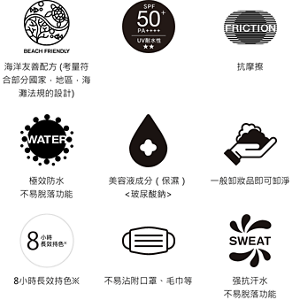 海洋友善配方 (考量符合部分國家.地區.海灘法規的設計)。SPF50+。抗摩擦。極效防水 不易脫落功能。美容液成分(保濕)<玻尿酸鈉>。一般卸妝品即可卸淨。8小時長效持色※。不易沾附口罩、毛巾等。强抗汗水 不易脫落功能