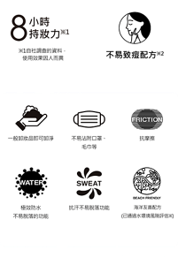 8小時持妝力※1。※1自社調查的資料,使用效果因人而異。不易致痘配方※2。※2已通過不易致痘測試 (通過不易致痘測試,但並非所有人都不會致痘)。一般卸妝品即可卸淨。不易沾附口罩、毛巾等。抗摩擦。極效防水 不易脫落的功能。抗汗不易脫落功能。海洋友善配方(已通過水環境風險評估※)。※參考與國際性環境影響評估相關準則後,進行水環境風險評估並判定對環境的影響。(不添加夏威夷及美屬維京群島法規認定對珊瑚危害之防曬成分)