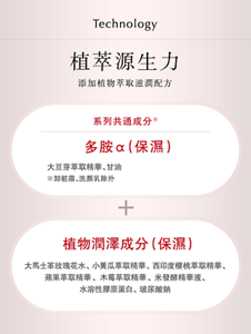 Technology 植萃源生力 添加植物萃取滋潤配方 系列共通成分 多胺α(保濕) 大豆芽萃取精華、甘油 植物潤澤成分(保濕) 大馬士革玫瑰花水、小黃瓜萃取精華、西印度櫻桃萃取精華、 蘋果萃取精華 、木莓萃取精華 、米發酵精華液、 水溶性膠原蛋白、玻尿酸鈉