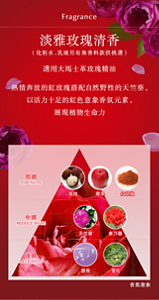 Fragrance 淡雅玫瑰清香 (化粧水、乳液另有無香料款供挑選) 選用大馬士革玫瑰精油 熱情奔放的紅玫瑰搭配自然野性的天竺葵, 以活力十足的紅色意象香氛元素, 展現植物生命力 前調 荔枝 蘋果 紅胡椒 中調 天竺葵 康乃馨 後調 麝香 雪松 <香氛意象>