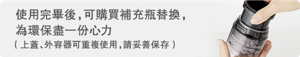 使用完畢後,可購買補充瓶替換,為環保盡一份心力 (上蓋、外容器可重複使用,請妥善保存)