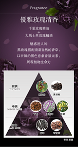 Fragrance  優雅玫瑰清香  千葉玫瑰精油 + 大馬士革玫瑰精油  魅惑迷人的黑玫瑰搭配清甜自然的香草, 以辛辣的黑色意象香氛元素, 展現植物生命力  前調 黑加侖 黑胡椒  中調  丁香 薰衣草 依蘭  後調 香草 可可豆 <香氛意象>
