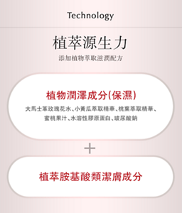 Technology 植萃源生力 添加植物萃取滋潤配方 植物潤澤成分P(保濕) 大馬士革玫瑰花水、小黃瓜萃取精華、桃葉萃取精華、 蜜桃果汁、水溶性膠原蛋白、玻尿酸鈉 植萃胺基酸類潔膚成分