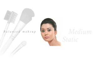 The words “balanced makeup” overlay cosmetics tools on the left with a woman’s portrait in the center; on the right, text reads “Medium Static”.