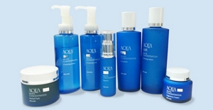 A wide variety of AQUA products in blue, white, and green packaging.