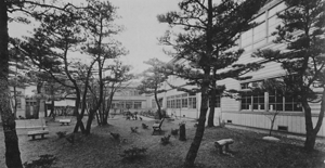 Monochromatic picture of a courtyard at a hospital created by Kanebo which provided free healthcare for lower income people.