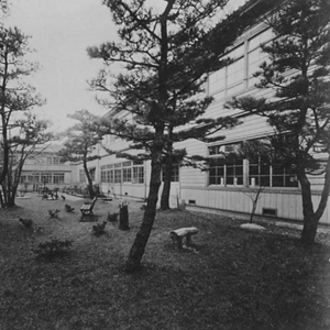 Monochromatic picture of a courtyard at a hospital created by Kanebo which provided free healthcare for lower income people.