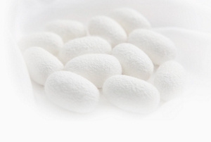 Many oval-shaped, white, raw silk cocoons rest together on white fabric.
