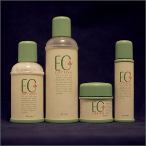 Four, 1991 Kanebo EC products standing side-by-side in their original, brown and green packaging.