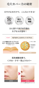 毛穴カバー力の秘密日やけ止めだけで、こんなにできる!SPF50+ PA++++UV耐水性 ★★毛穴カバー顔色補正ひと塗りで約750万個のカプセルが塗布!POINT! 毛穴ぼかし&UVカットカプセル3つの機能を持つカプセルが毛穴・肌の凹凸に均一に密着※1回使用量 $2mg/cm^2$カプセルの拡大図の内訳:UVカット成分顔色補正顔料毛穴カバーパウダー肌色補正効果で、くすみ・クマ・色ムラカバー塗布前(比較画像左)塗布後(比較画像右:ベージュ塗布 仕上がりイメージ)