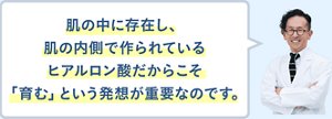 肌の中に存在し、肌の内側で作られているヒアルロン酸だからこそ「育む」という発想が重要なのです。