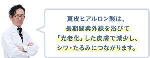 真皮ヒアルロン酸は、長期間紫外線を浴びて「光老化」した皮膚で減少し、シワ・たるみにつながります。