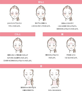 【使い方】 <目もと> 上まぶたから下まぶたにやさしくのばします。 目の下は、目頭からこめかみに向かってのばします。 目尻は、片方の手でこめかみを軽く引き上げながら、目尻を引き上げるようにのばします。 <口もと> 頬骨に向かって顎を軽く引き上げながら気になる箇所にのばします。口の周りを口角を引き上げるようにのばします。 額を引き上げるようにのばします。 円を描くようにくるくるとのばします。 <首> 直径約5mm(約0.05g)を6個分が目安です。 上から下にやさしくなじませます。