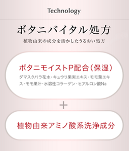 Technology ボタニバイタル処方 植物由来の成分を活かしたうるおい処方 ボタニモイストP配合(保湿)(ダマスクバラ花水・キュウリ果実エキス・モモ葉エキス・モモ果汁・水溶性コラーゲン・ヒアルロン酸Na)+植物由来アミノ酸系洗浄成分