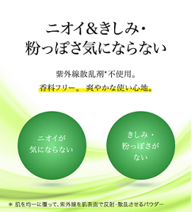 ニオイ&きしみ・粉っぽさ気にならない 紫外線散乱剤不使用。香料フリー。  爽やかな使い心地。 ニオイが気にならない きしみ・粉っぽさがない