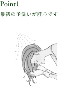 Point1 最初の予洗いが肝心です。シャワーのお湯をヘアカラー剤とよくなじませ、地肌についたヘアカラー剤をやさしく落とします。 ※ヘアカラー剤を落とす際は手袋をご利用ください。