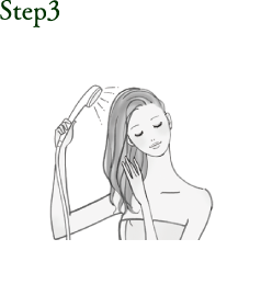 step3 1~2分おいてから頭皮や髪にぬるつきがなくなるまで、充分にすすぎます。