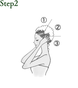 step2.指の腹で頭皮全体をジグザグマッサージするように①〜③の順で洗います。 ①前髪の生え際〜頭頂部 ②耳の後ろ〜頭頂部 ③えり足〜後頭部