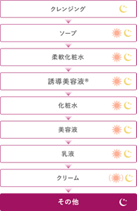クレンジング→ソープ→柔軟化粧水→誘導美容液®→化粧水→美容液→乳液→クリーム→その他