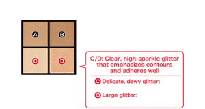 A/B: Moist-textured, high-coloration muted matte colors that enhances contours Dusty, muted matte colors that naturally blend and makes the eyes look bigger C/D: Clear, high-sparkle glitter that emphasizes contours and adheres well (C) Delicate, dewy glitter: delicate and clear luster (D) Large glitter: luxurious, eye-catching sparkle