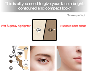 This is all you need to give your face a bright, contoured and compact look* *Makeup effect Complements the shade Wet & glossy highlighter Adds radiance and contours with a non-cakey moisturizing texture and a delicate pearl sheen Makes the skin look more beautiful Nuanced color shade A grayish color the intensity of which has been softened to offer a natural shading effect while blending well with skin tone Finished image (EX-3)