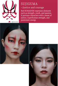 SUJIGUMA —Justice and courage KUMADORI Red KUMADORI expresses elements such as strength, youth, and passion. It portrays characters with a sense of justice, superhuman strength, and passionate energy. ©SHOCHIKU KABUKE Art Makeup A reinterpretation of the bold strokes characteristic of SUJIGUMA that run across each part of the face. It expresses steadfast will and presence. Shadow Enhancing Makeup Makeup that emphasizes the contours from the eye area to the bridge of the nose to sharpen the overall impression of the face. Shading that accentuates the bone structure represents dignified strength.