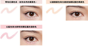 帶有紅調色系、妝效自然的霧面色。 EX-1 柔霧白 以細緻銀色珠光適度強調臥蠶的裸膚色 EX-2 微光膚 以藍色珠光鮮明突顯臥蠶的淺粉色 EX-3 微光粉 妝效示意圖