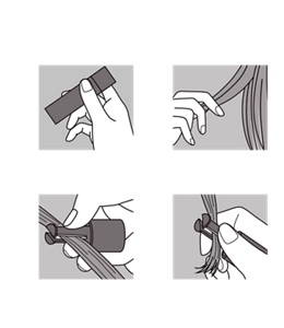 HOW TO 僅須夾起髮束,向下滑動即可。 速乾款式簡單上色。1 上下搖晃瓶身後,取下瓶蓋。2 將想上色的部分取約1cm寬的髮絲。3 將髮絲夾在瓶蓋上的髮彩夾中間。4 用指腹夾緊髮彩夾,並直接將髮彩夾由上到下滑向髮尾上色。
