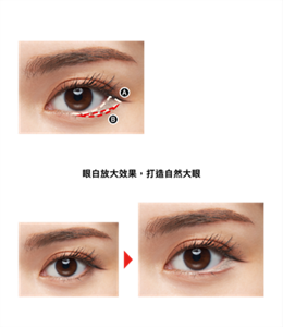 HOW TO  ① 將Ⓐ從眼尾眼際處朝瞳孔描繪三角形。  ② 將Ⓑ從瞳孔下方朝眼尾,沿著Ⓐ的邊緣描繪線條。  ③ 以Ⓐ填補Ⓐ與Ⓑ中間的空隙。   眼白放大效果,打造自然大眼  以彩粧效果呈現的  粧效示意圖