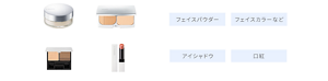 フェイスパウダー、フェイスカラー、アイシャドウ、口紅。
