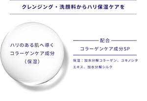 リサージ独自のコラーゲンケア成分 Sを配合 クレンジング・洗顔料からハリ保湿ケアを  ハリのある肌へ導くリサージ独自の コラーゲンケア成分(保湿)  コラーゲンケア成分 SP 配合 保湿:加水分解コラーゲン、ユキノシタエキス、加水分解シルク