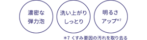 濃密な弾力泡 洗い上がりしっとり くすみ要因の汚れを取り去り、明るさアップ
