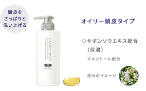 頭皮をさっぱりと洗い上げる  ヘアメインテナンスシャンプー  O  オイリー頭皮タイプ  サボンソウエキス配合(保湿)  メントール配合