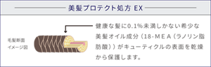 美髪プロテクト処方EX 毛髪断面イメージ図 健康な髪に0.1%未満しかない希少な美髪オイル成分(18‐MEA(ラノリン脂肪酸))がキューティクルの表面を乾燥から保護します。