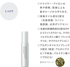 しっとり リサージ ヴォーニュ エクストラ ヘアオイル ドライヤー・アイロンの熱や摩擦、乾燥による髪ダメージから守ります。 美髪オイル成分2配合(毛髪保護:ラノリン脂肪酸、水添ポリデセン)毛髪内部補修成分2配合(PPG-5フィトステロール、ラウロイルグルタミン酸ジ(フィトステリル/オクチルドデシル))アルガンオイルコンプレックス配合(保湿:アルガニアスピノサ核油、パルミチン酸イソプロピル)