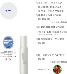 軽やか リサージ ヴォーニュ ヘアミルクオイル  ドライヤー・アイロンの熱や摩擦、乾燥による髪ダメージから守ります。 美髪オイル成分(*)配合(毛髪保護)(*ラノリン脂肪酸)  毛髪内部補修成分(*)配合(*リンゴ酸・乳酸・ビスメトキシプロピルアミドイソドコサン  加水分解コラーゲン配合(保湿)  ローズヒップオイル(*)配合(保湿)(*カニナバラ果実油 )