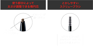使う部分によって太さが調整できる楕円芯 眉尻ラインが細く決まる 広範囲をササッと埋める とかしやすいスクリューブラシ 最後にぼかせばよりパウダーのようなふんわり仕上がりに