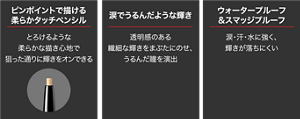 ピンポイントで描ける柔らかタッチペンシル とろけるような柔らかな描き心地で狙った通りに輝きをオンできる 涙でうるんだような輝き 透明感のある繊細な輝きをまぶたにのせ、うるんだ瞳を演出 ウォータープルーフ&スマッジプルーフ 涙・汗・水に強く、輝きが落ちにくい