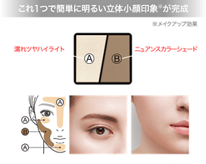 これ1つで簡単に明るい立体小顔印象※が完成 ※メイクアップ効果 A 陰影を引き立てる濡れツヤハイライト 粉感のないしっとりした質感と繊細なパール感でツヤ・立体感を仕込む B 肌をきれいに見せるニュアンスカラーシェード あえて彩度を抑えたグレイッシュカラーで浮かずに自然な陰影を演出 仕上がりイメージ(EX-3)