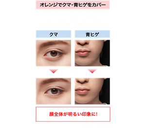オレンジでクマ・青ヒゲをカバー ハイカバー&高密着で動きの多い目もと・口もとでもくずれにくい クマ 青ヒゲ Before After 顔全体が明るい印象に! 仕上がりイメージ(OR)