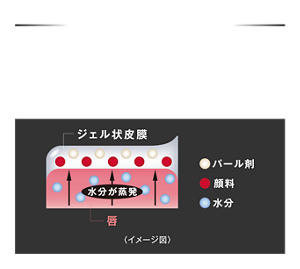 落ちにくさの秘密は?唇から蒸発する水分を活用して密着ジェル膜に変化 独自技術※により長時間の色持ちを実現 ※当社独自の色持技術