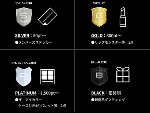 SILVER:50pt~ ●メンバーズステッカー GOLD:300pt~ ●リップモンスター等 1点 PLATINUM:1,500pt~ ●ザ アイカラー ケース付き4色パレット等 1点 BLACK 招待制 新商品ギフティング