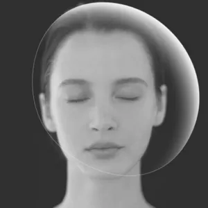 Model with her eyes closed with a veil-like transparnt ellipse over her face.