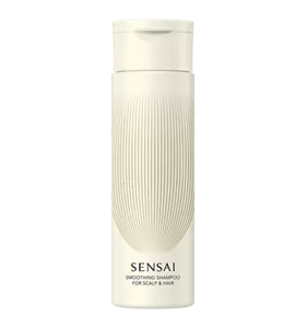 Smoothing Shampoo in beige bottle with gold accents, flip-open cap